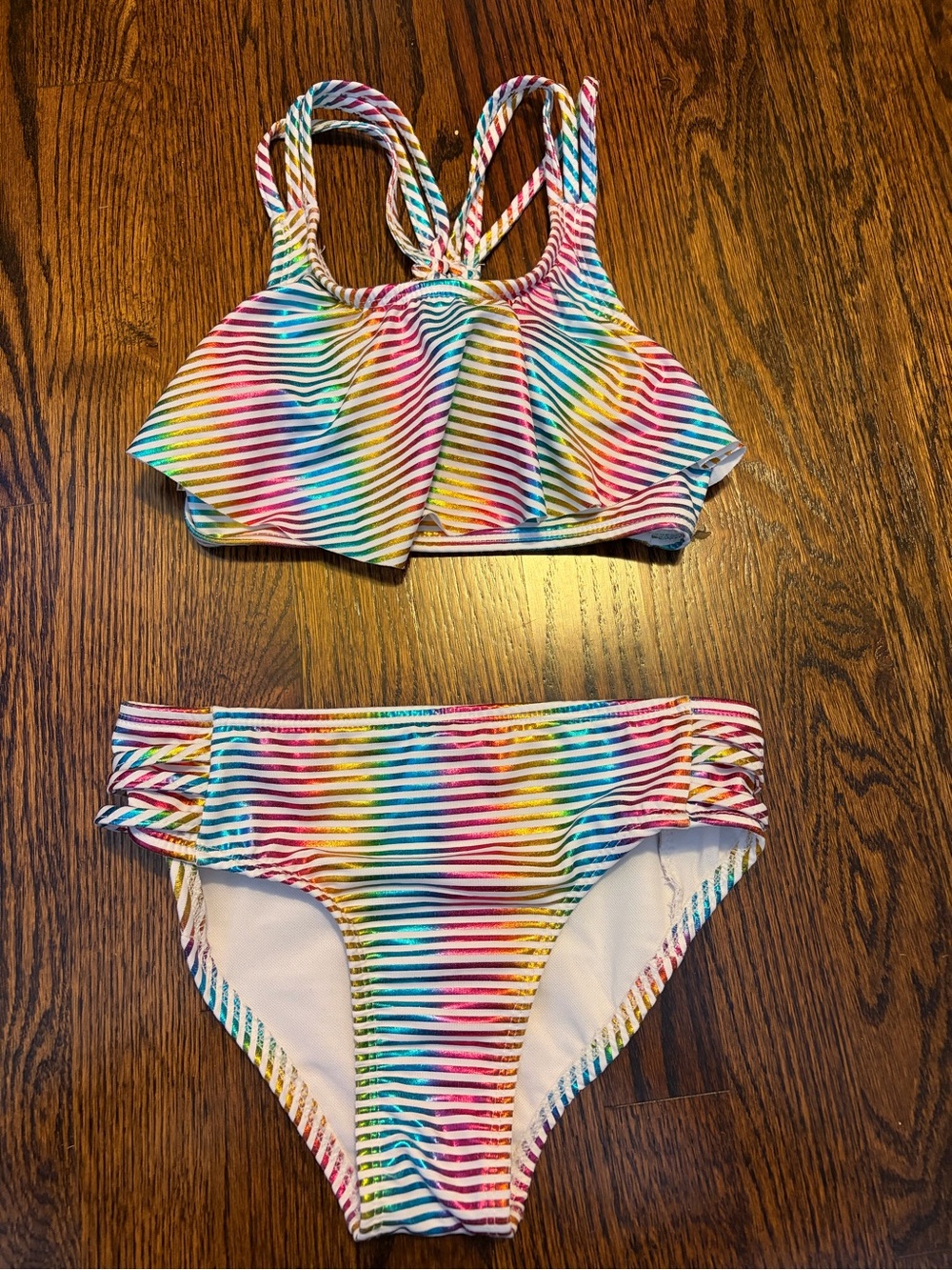 Girls' Size 8 Rainbow Striped Ruffle Bikini